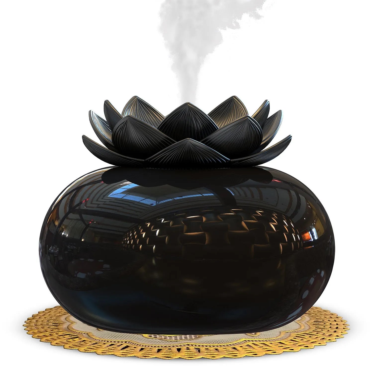 Pure black round Lotus ultrasonic humidifier with USB cable and ceramic base