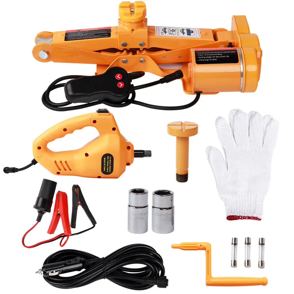 Yellow electric car jack set with electric wrench for vehicle maintenance and tyre changes