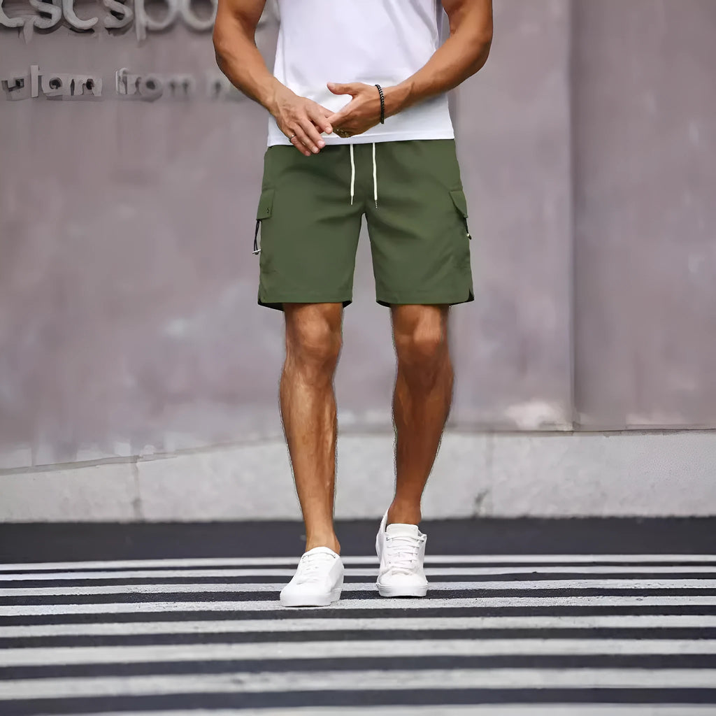 Men's straight-leg work shorts in cool silk cotton fabric, available in fluorescent green and army green colours