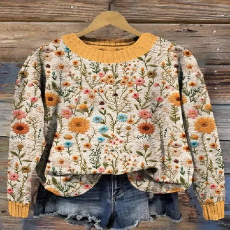 Women's Little Flower digital printed floral pattern round neck long sleeve polyester sweater