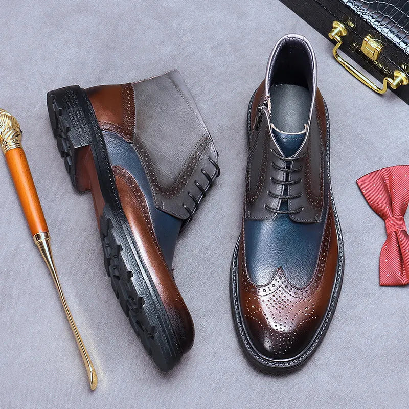 Men's curry blue leather Martin boots with vintage colour blocking and brogue detailing on a round toe.