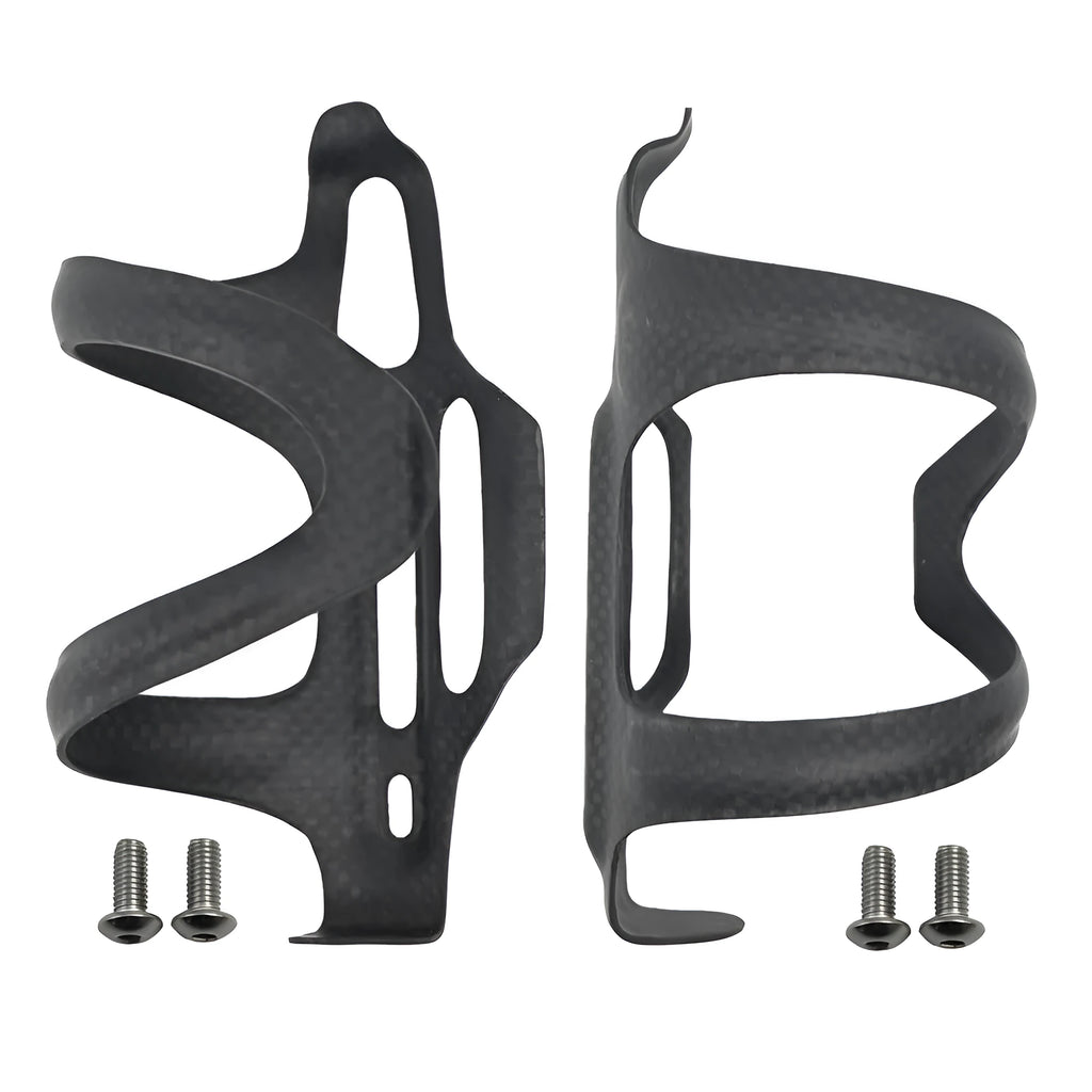 Black all-carbon fibre side pull water bottle cage for bicycles, showing mounting holes.