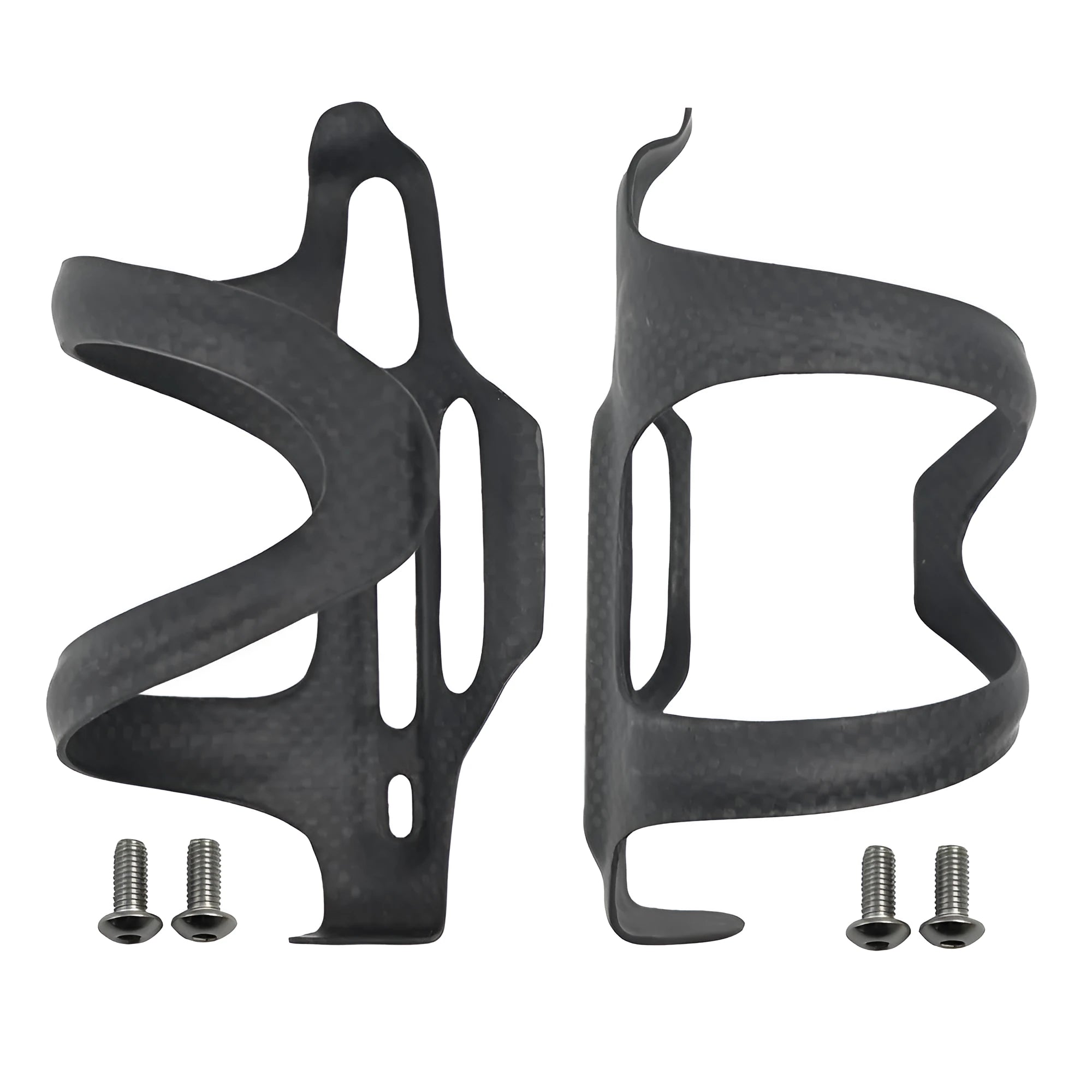 Black all-carbon fibre side pull water bottle cage for bicycles, showing mounting holes.