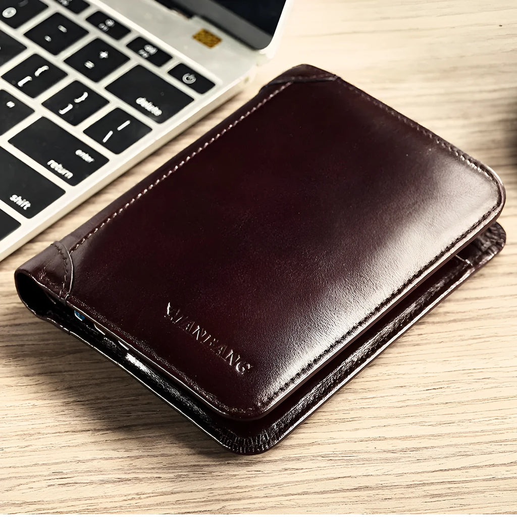 Men's leather wallet showing multiple internal compartments including card slots and change purse