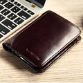 Men's leather wallet showing multiple internal compartments including card slots and change purse