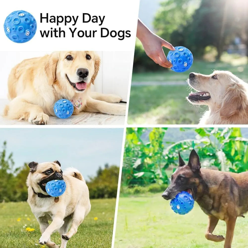 Colourful rubber dog chew ball with textured surface and squeaky sound mechanism