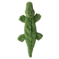 Green plush crocodile dog toy with no-stuffing construction and squeaker features