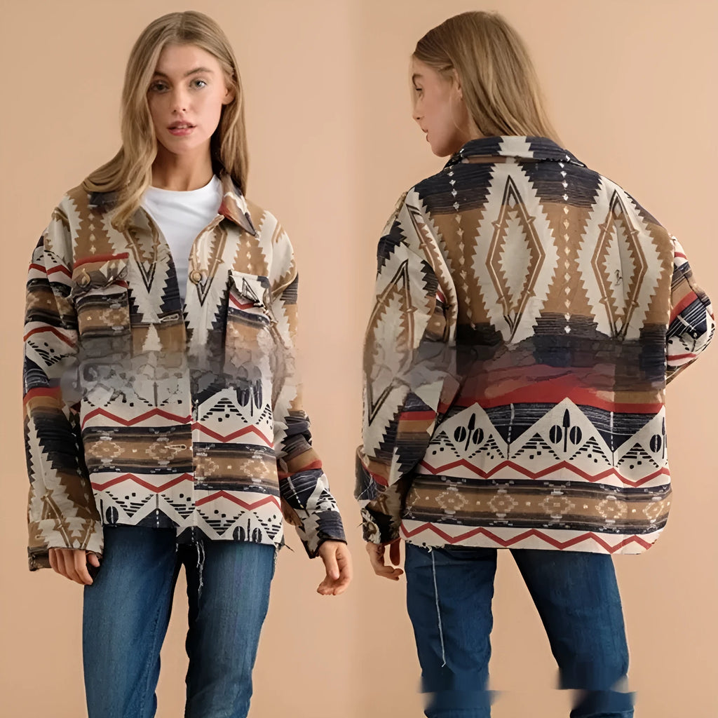 Women's retro-style woolen coat with Aztec print in loose fit, shown in Army Green colour.