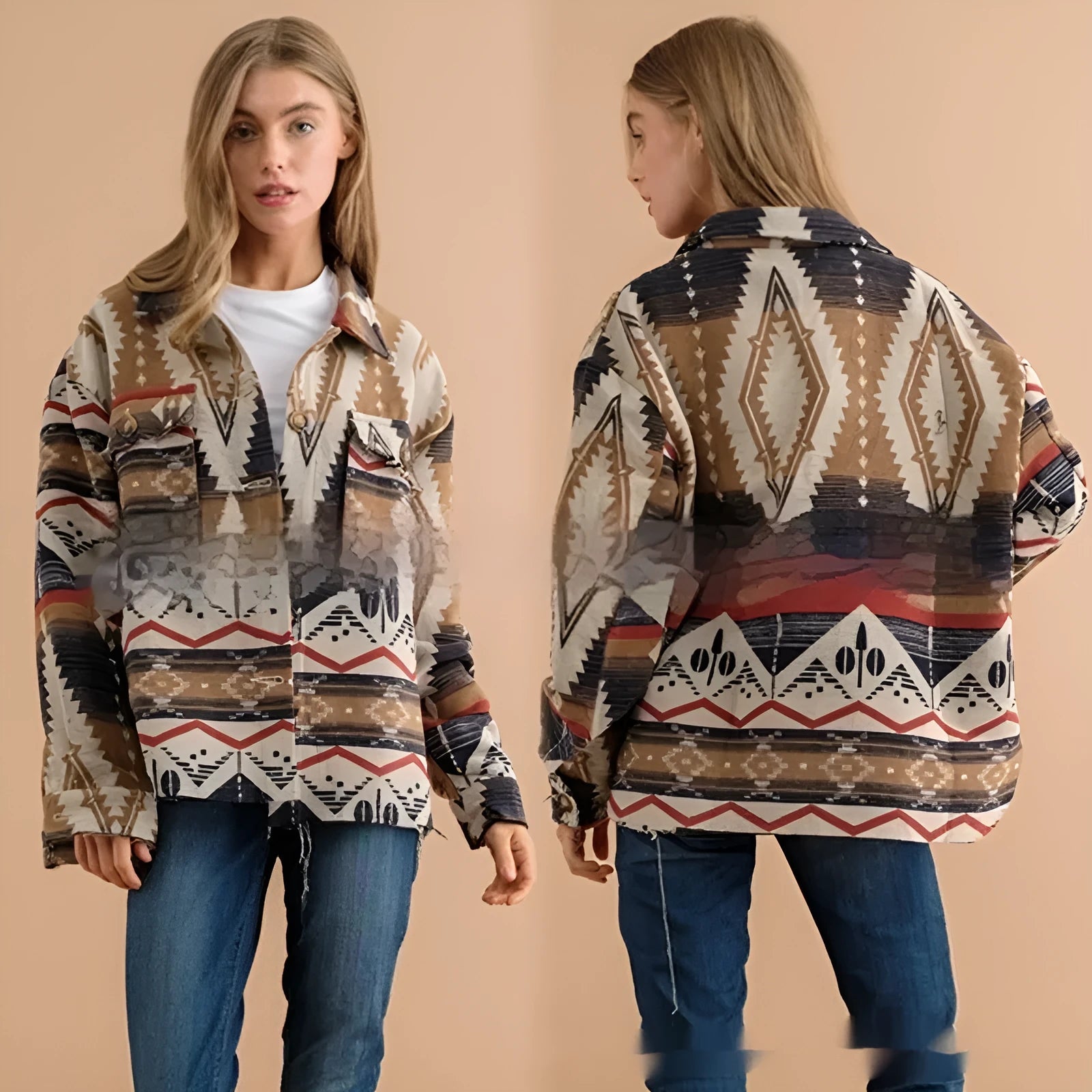 Women's retro-style woolen coat with Aztec print in loose fit, shown in Army Green colour.