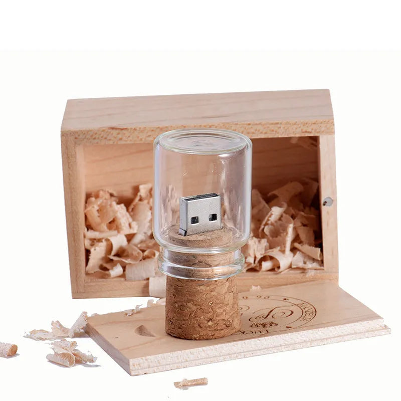 Chocolate brown wooden USB flash drive with custom lettering showing dimensions of 8.5cm by 5.6cm