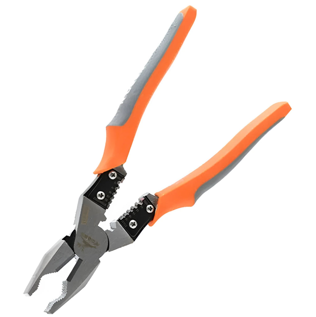 Orange 9-inch multi-function wire cutter pliers with alloy steel jaws and PVC grips.