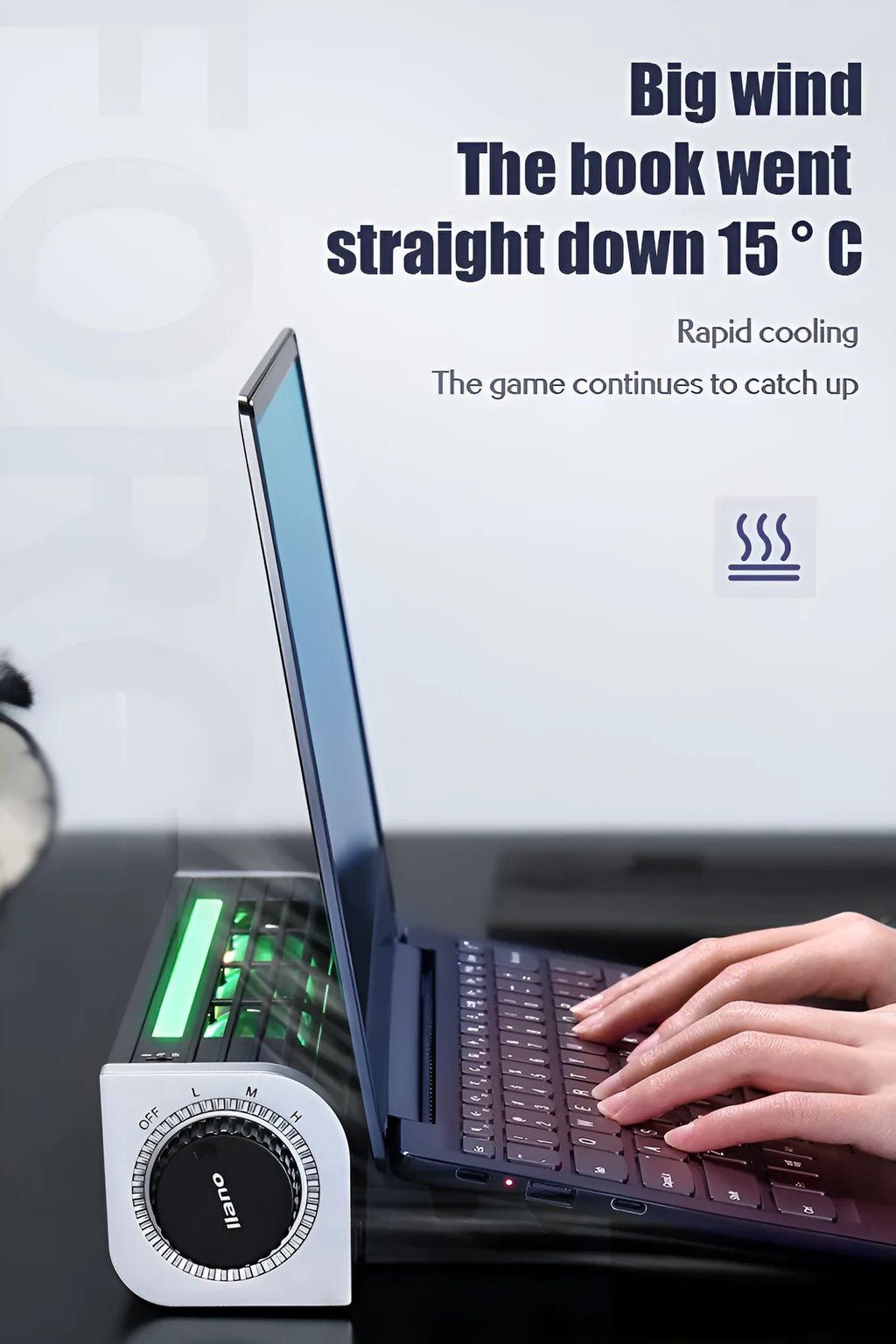 Black aluminium notebook cooler with integrated fan for laptop temperature management