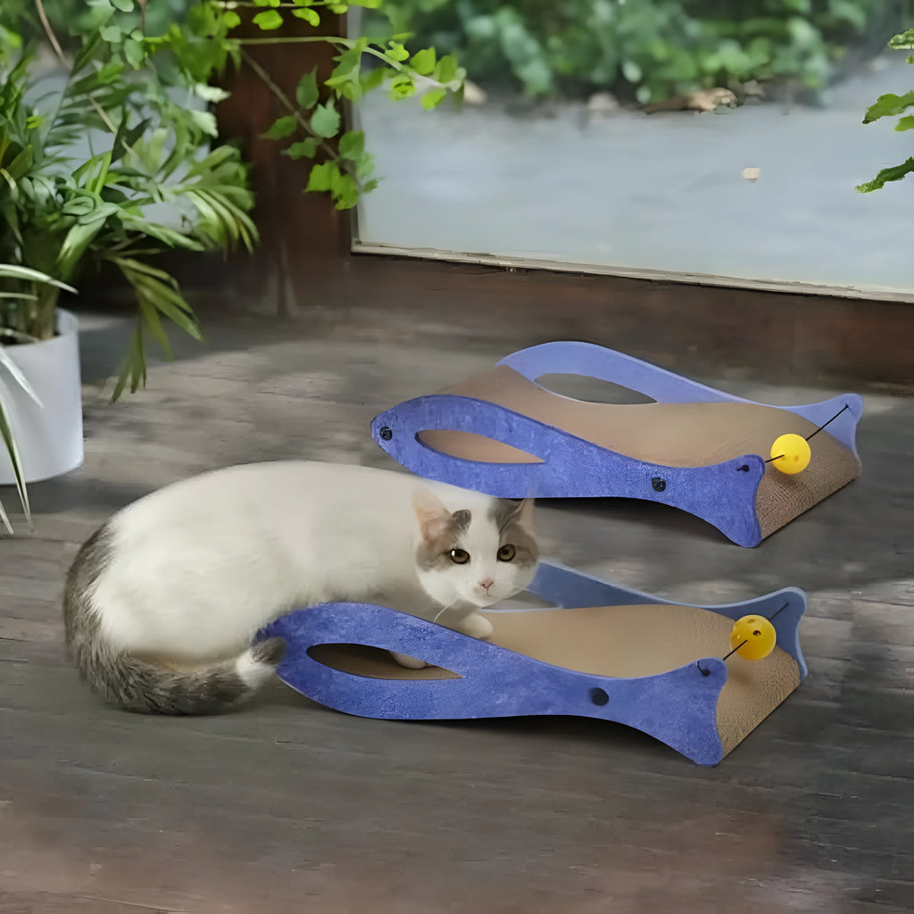 Blue fish-shaped cardboard cat scratcher lounge with bell ball toys for indoor cats