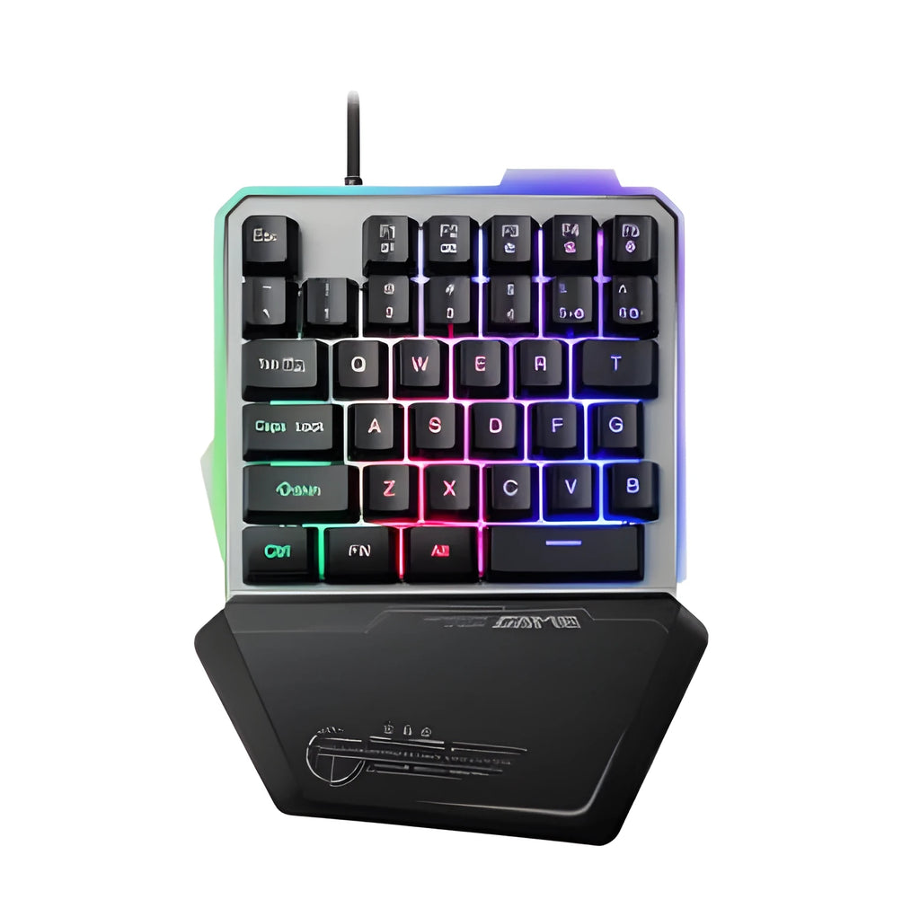 Black one-handed mechanical gaming keyboard with RGB backlit keys and USB cable