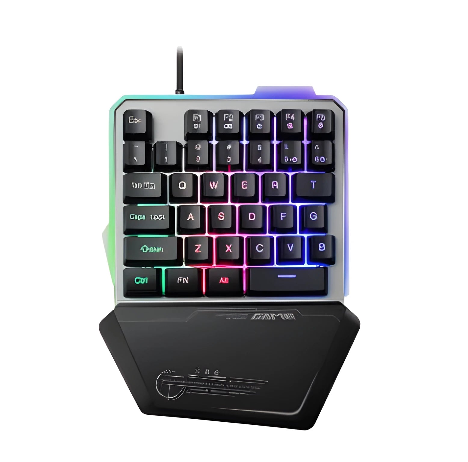 Black one-handed mechanical gaming keyboard with RGB backlit keys and USB cable