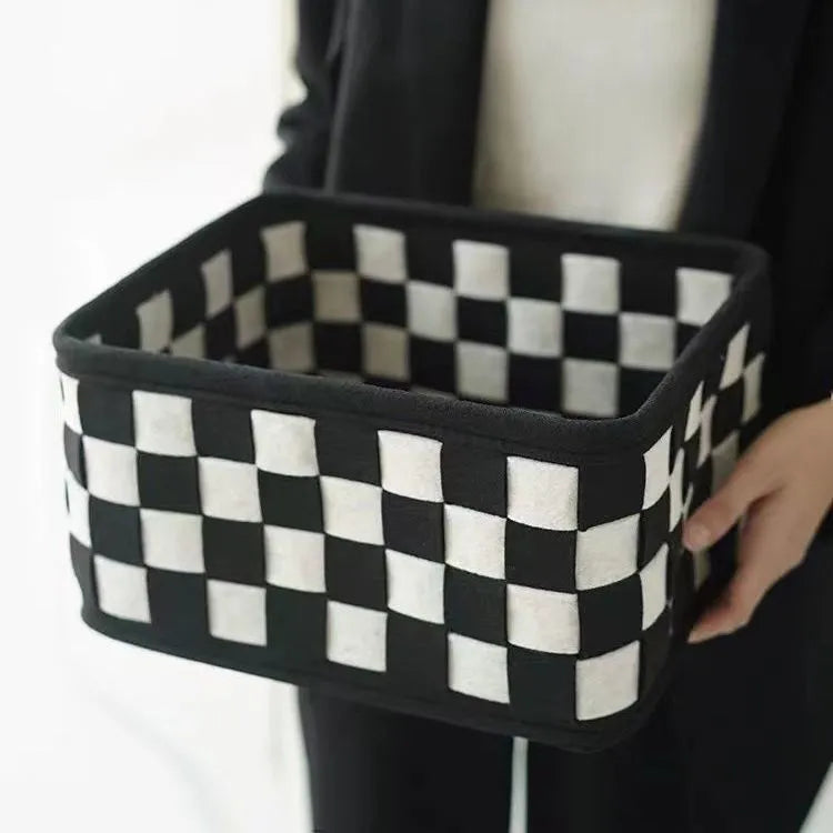 Checkerboard pattern grey and black felt storage basket with dimensions 37x29x19.5cm