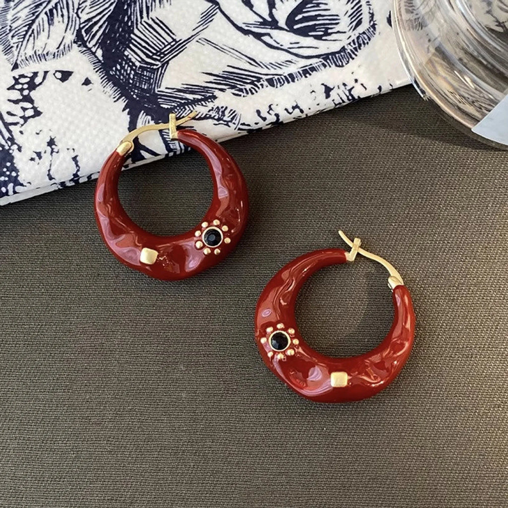 Hong Kong style retro rhinestone ear studs with dripping oil finish in black and red colours