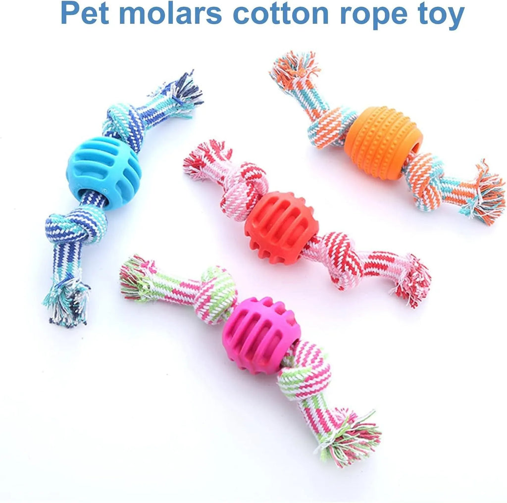 Blue dog chew toy with integrated rope strands for dental cleaning and play