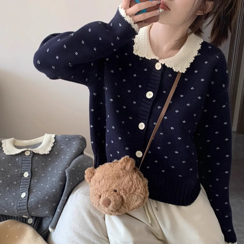 Retro Peter Pan collar floral pattern knitted cardigan coat in polyester fabric