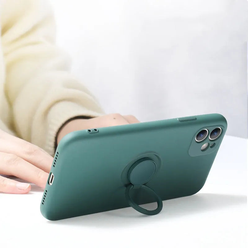 Liquid silicone ring bracket back cover case for iPhone 12 in black, showing integrated ring for grip