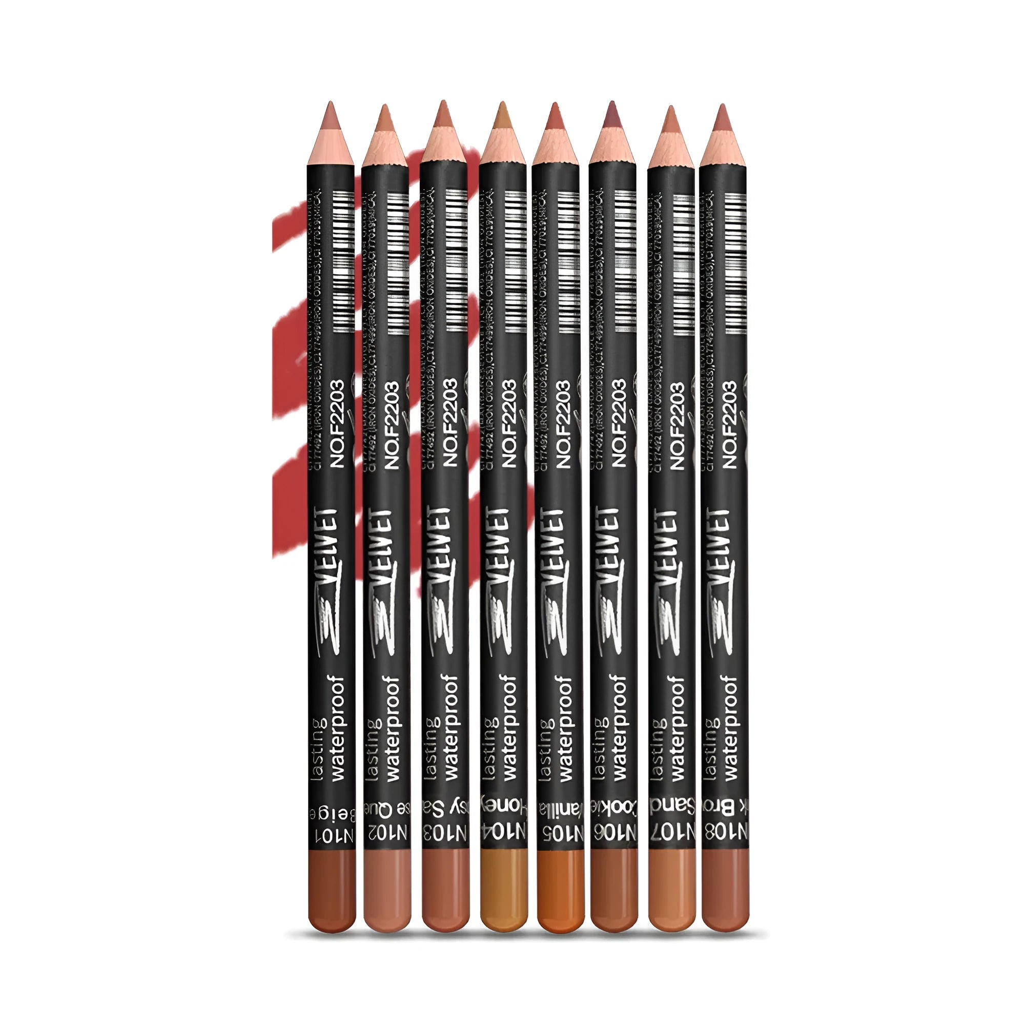 Matte finish lip liner pencil in a slim case showing one of 14 available shades, numbered 201 to 214.