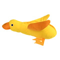 Yellow plush teddy duck dog training toy with squeaker and treat dispensing compartment.
