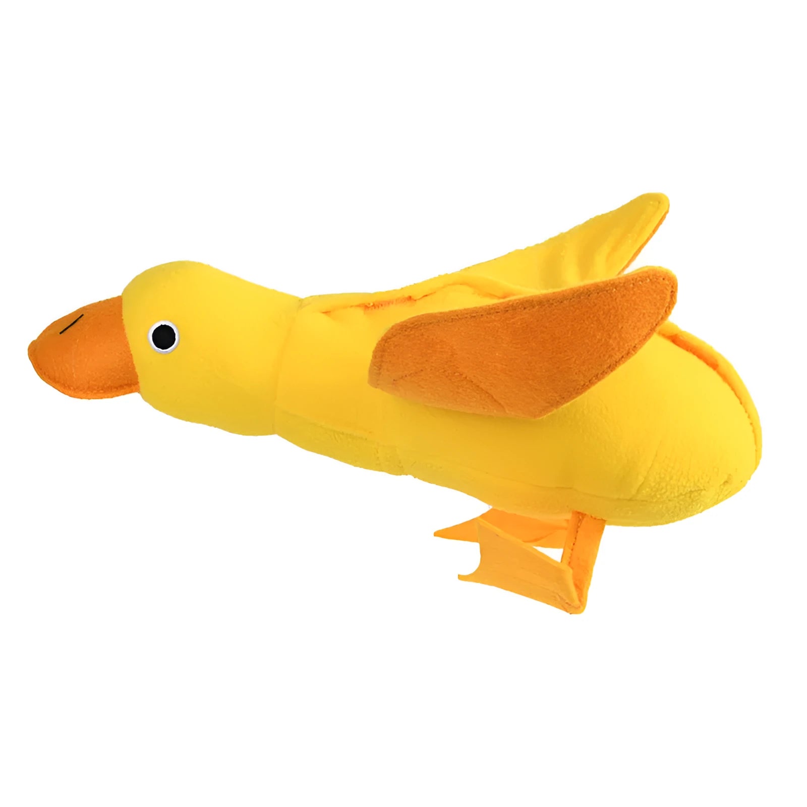 Yellow plush teddy duck dog training toy with squeaker and treat dispensing compartment.