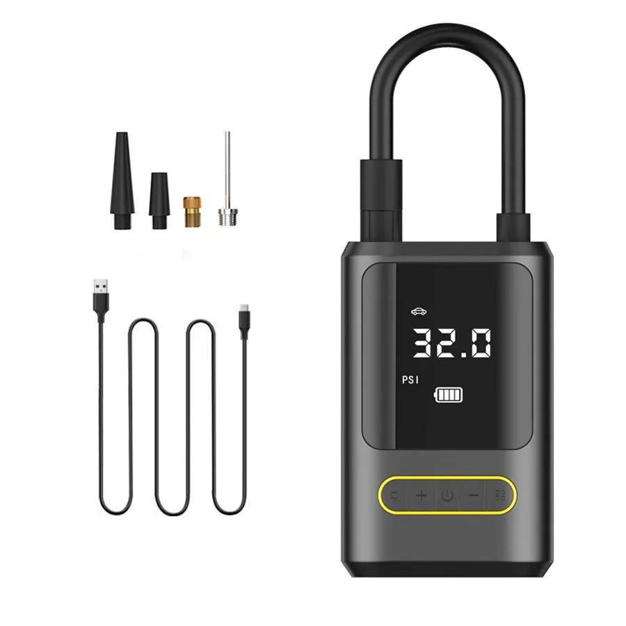 Handheld wireless digital tyre inflator with display showing pressure reading