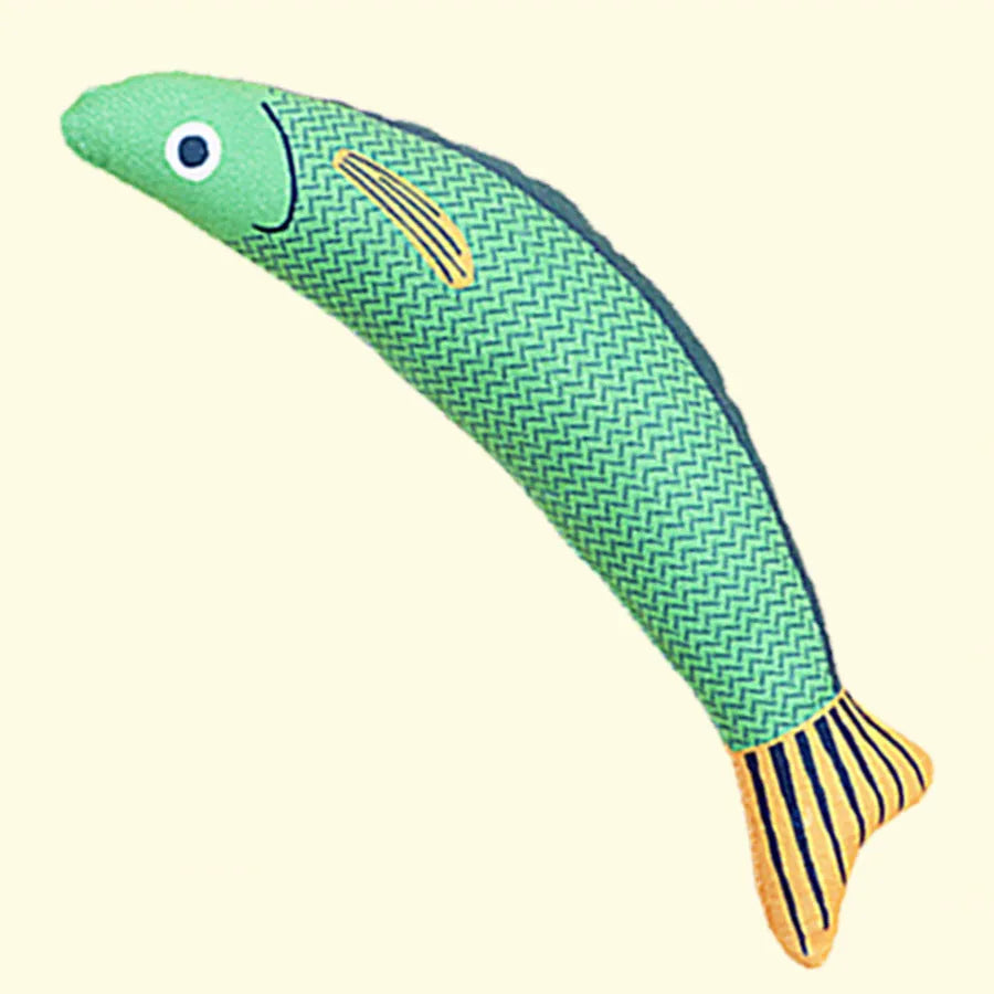 24cm long plush catnip fish toy in green colour with crinkle sound for feline play