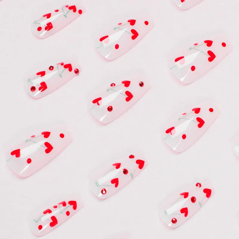 Red diamond and cherry pattern nail armour sheets and glue, 24-piece set colour JP1601.