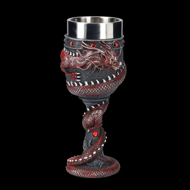 Red wine glass with Chinese dragon design on stainless steel base, 200ml capacity