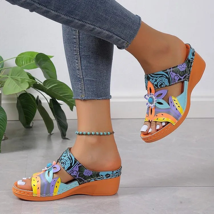 Women's ethnic printed sandals with slope heel in black, purple, green, and orange colour options
