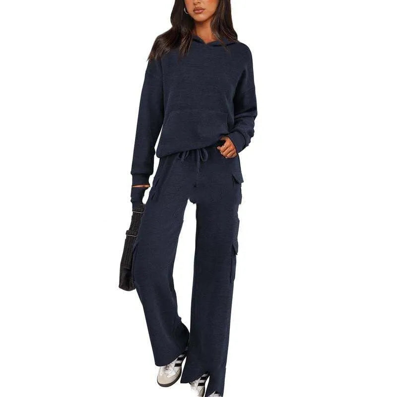 Women's polyester leisure sports suit with long sleeves and full-length trousers in multiple colour options
