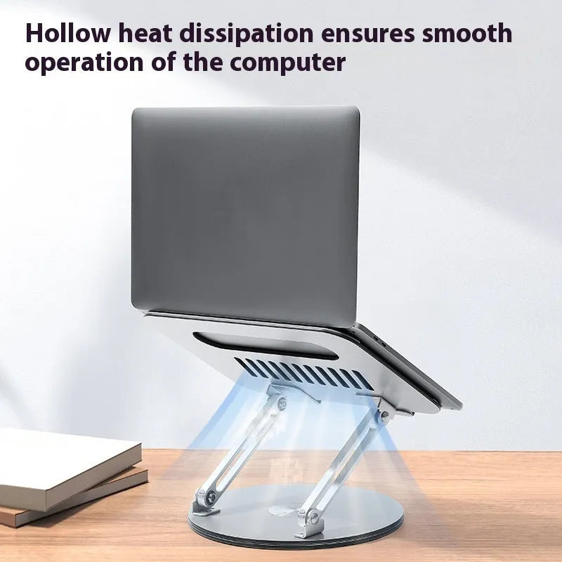Silver aluminium alloy rotatable laptop stand with foldable design, 285 x 210 x 58 mm, on a desk