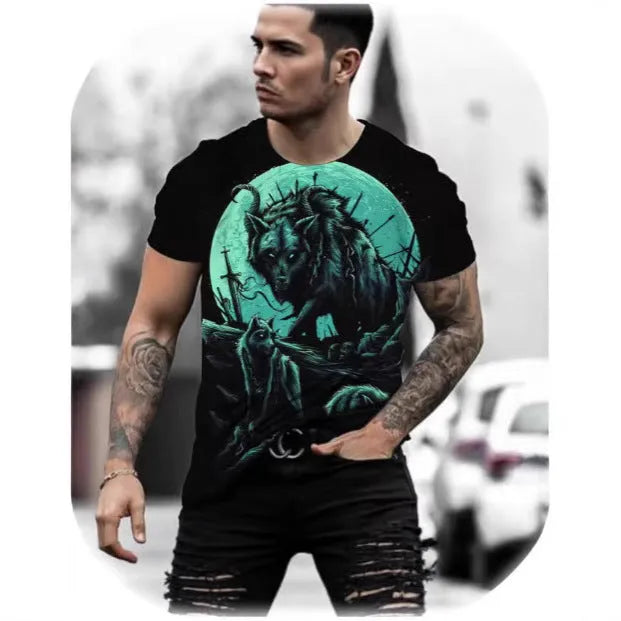 Retro 3D animal print on a men's short-sleeved grey t-shirt made of thin polyester fabric.