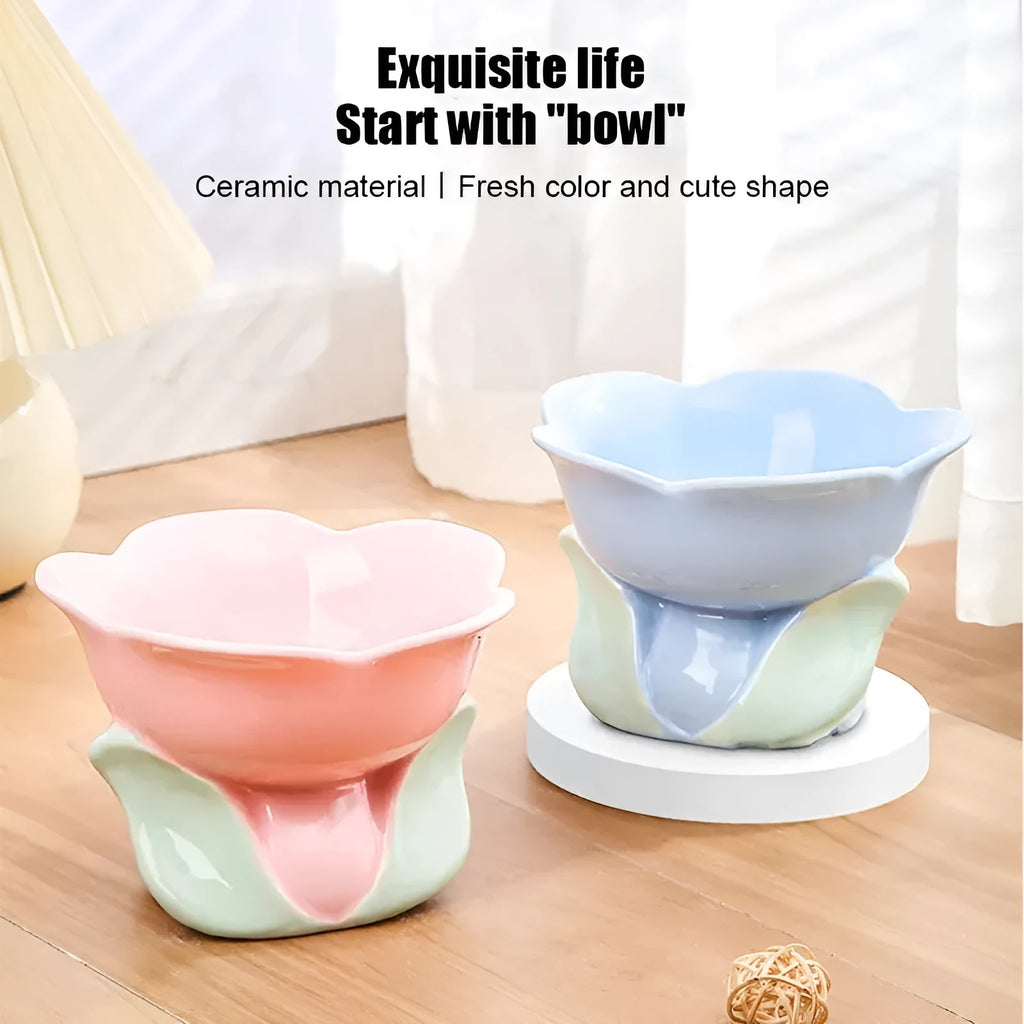 Blue floral ceramic raised pet feeding bowl with non-slip base for cats and small dogs