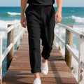 Men's linen casual trousers with drawstring waist in straight leg style for summer wear