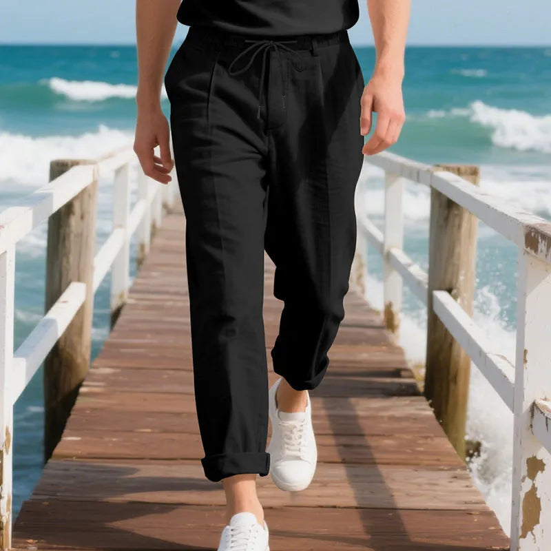 Men's linen casual trousers with drawstring waist in straight leg style for summer wear