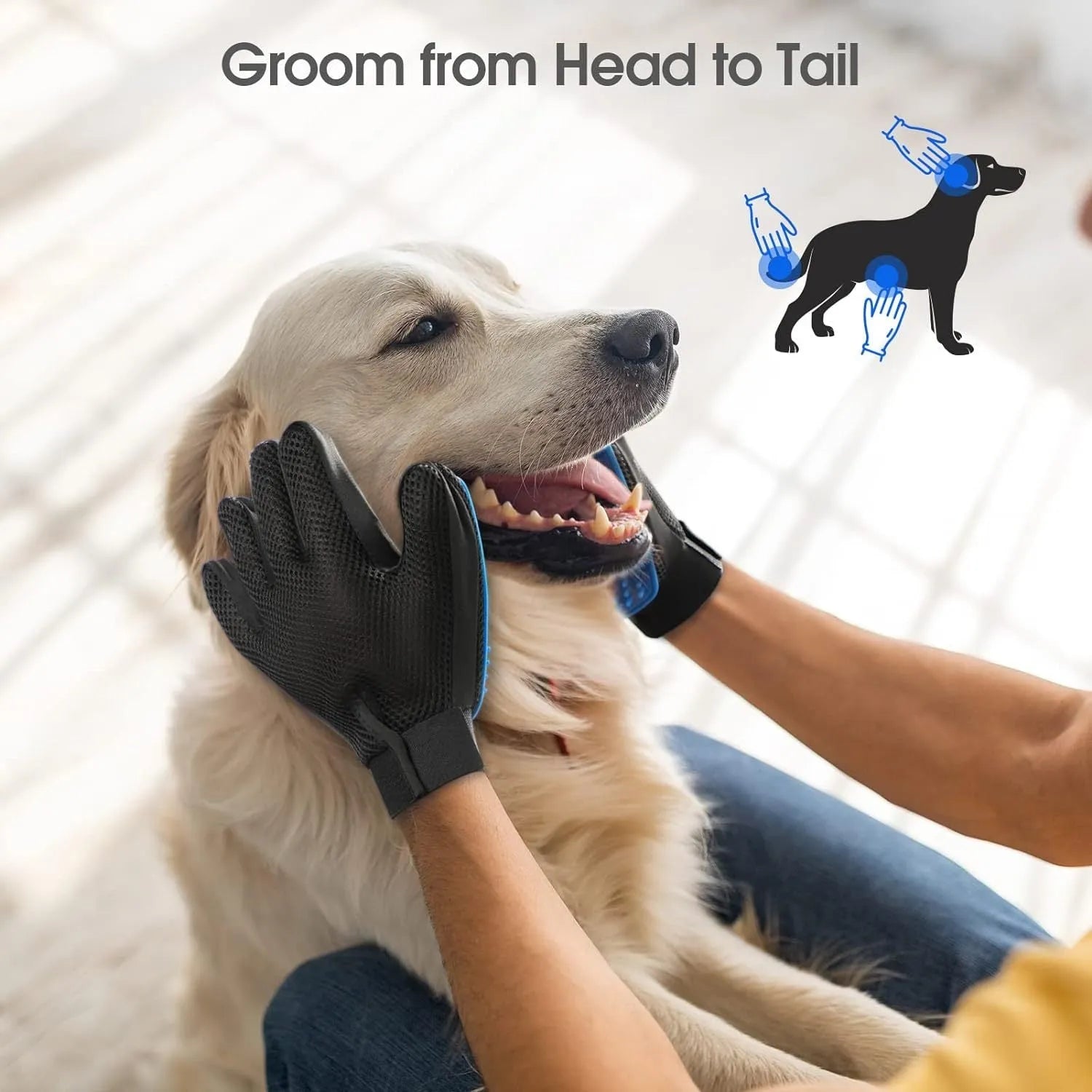 Blue pet grooming gloves with silicone tips for cat and dog hair removal