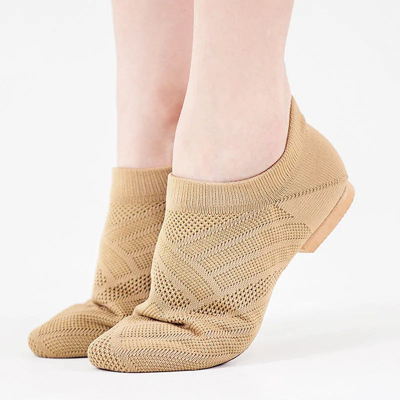 Simple solid colour unisex dance shoes with cotton mesh upper and leather sole, camel colour