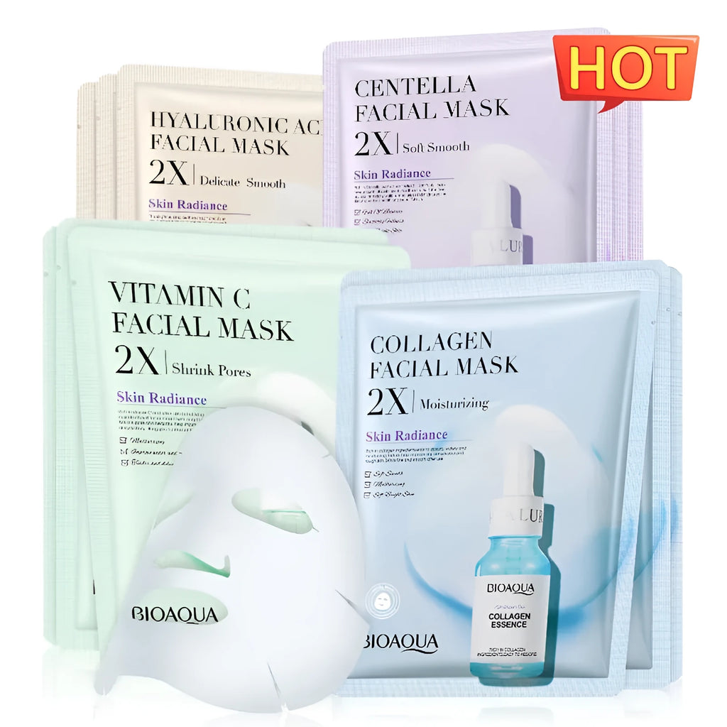 Single-use facial sheet mask with 30g of gel containing collagen, hyaluronic acid, vitamin C, or Centella Asiatica.