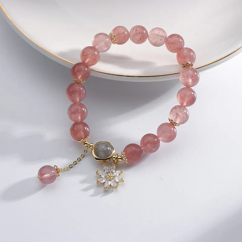 Natural strawberry quartz crystal bracelet with electroplated finish and flower design in mori style