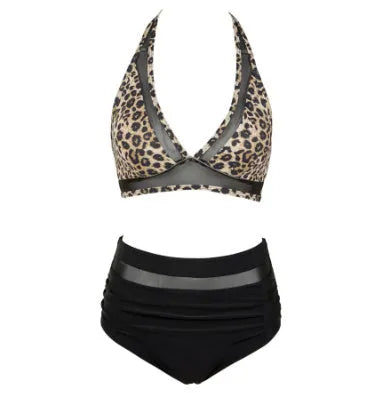 Women's split bikini swimsuit in black with polyester fibre lining, briefs style, front view