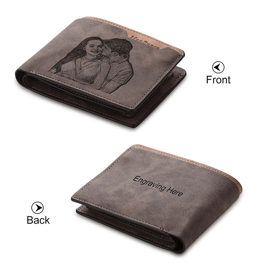Coffee brown engraved horizontal short wallet with photo engraving showing dimensions of 120mm width