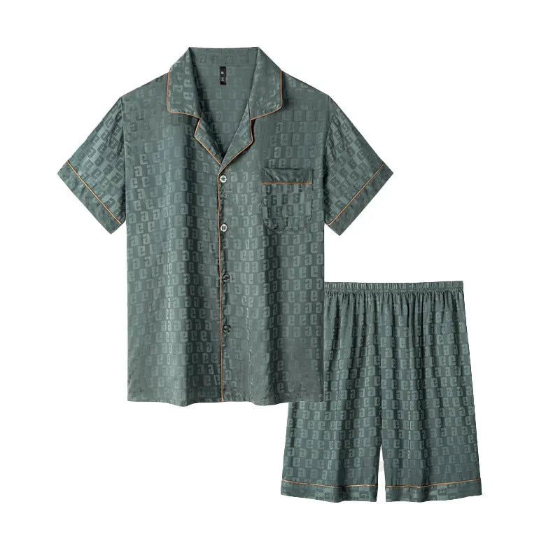 Men's ice silk pyjama set with cardigan top and short trousers in satin jacquard pattern