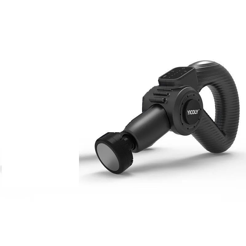Black smart muscle massage gun with heat and cold therapy settings and five attachable heads