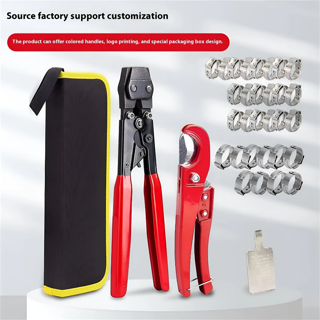 Red coloured metal single ear clamp tool set with carbon steel cutting edge on a workbench.