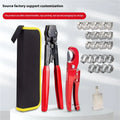 Red coloured metal single ear clamp tool set with carbon steel cutting edge on a workbench.