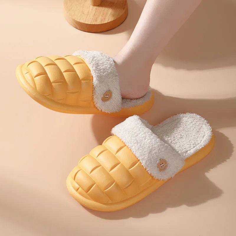 Plaid detachable EVA slippers for women with plush lining and a non-slip sole, shown in pink colour.