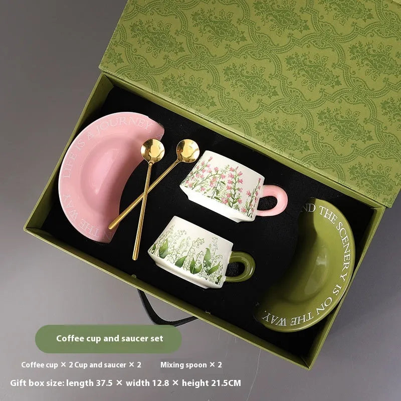 Ceramic coffee cup and saucer set for two in Campanula or Lanling Grass colour designs